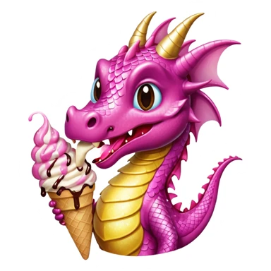 A shiny, glittery dragon in pink tones eats vanilla and chocolate ice cream sticker