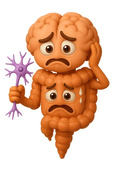 EMOJI STILE IPHONE DI UN INTESTINO collegato verticalmente ad un cervello mentre tiene in mano un neurone, espressione stressata, IPERREALISTICO 4K sticker