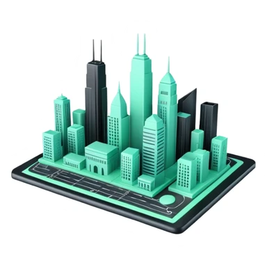 Urbanisme & Aménagement (Urban Planning), 3D techy icon with black and mint green (#B5F4D3) color scheme, city skyline with blueprint sticker