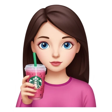 make an emoji of a brunette blue eye girl wearing pink drinking a strawberry acai refresher from starbucks sticker