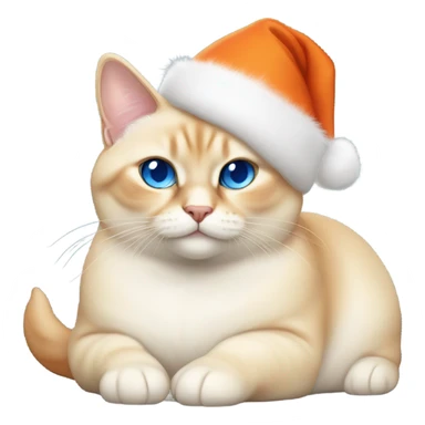 chubby fat, flame point Siamese, with white fur with orange accents, and blue eyes, smiling, wearing a red christmas hat  sticker