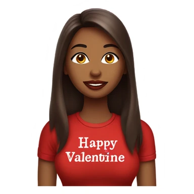 brown lady, dark brown long straight hair, red lips, eyelashes, wearing red “happy Valentine’s Day” t shirt sticker