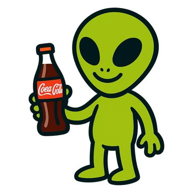 cartoon alien holding a Coke bottle, smiling sticker