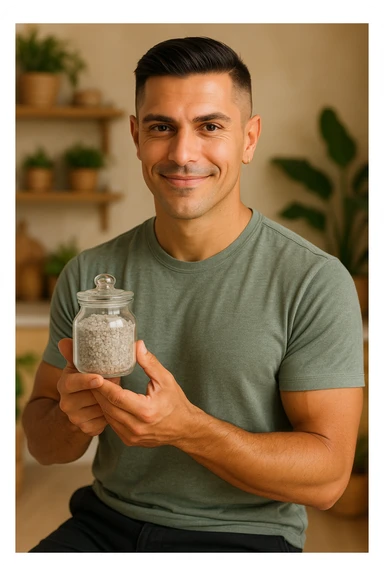 A man in his thirties with a healthy and aware appearance, holding a small glass container with moist gray Celtic salt. He has a proud look and a slight smile, showing the salt as a precious element for health. The background is a natural kitchen or holistic environment with warm natural light, creating a wellness atmosphere. Realistic detail of the salt crystals. Inspired by the face in the reference photo. sticker