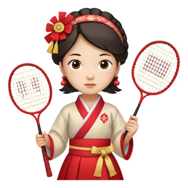 ancient gongsam girl with 1 badminton racket, red sticker