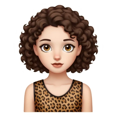 pale girl with dark brown eyes and curly dark brown hair with leopard print sleeveless shirt  sticker