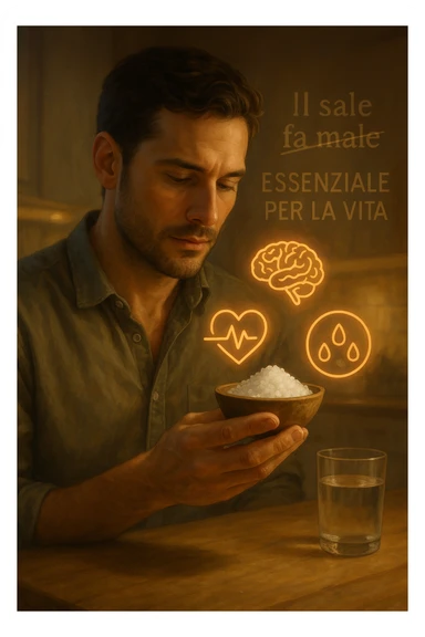 A realistic, cinematic illustration of a man in his early 30s holding a small bowl of unrefined sea salt in his hand, looking at it with awareness and respect. Around him, glowing minimalistic symbols of a beating heart, a brain, and hydrated cells appear, indicating the essential role of sodium in hydration, nerve conduction, and overall cellular health. In the background, faint text or floating words show the false myths: ‘Il sale fa male’, crossed out gently, while the phrase ‘Essenziale per la vita’ glows softly. The setting is a warm, softly lit kitchen with a glass of water nearby, emphasizing balance. The color palette is warm, natural, and calming, emphasizing that salt, when used consciously, is vital for human health, against common misconceptions demonizing it. sticker