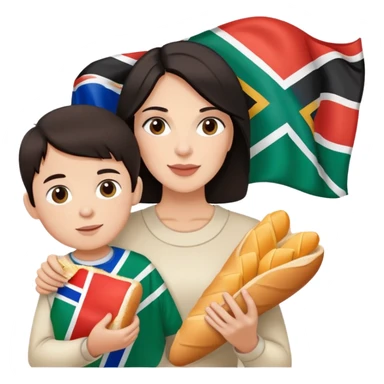 White dark hair Lady with son eating white bread and holding South African flag  sticker