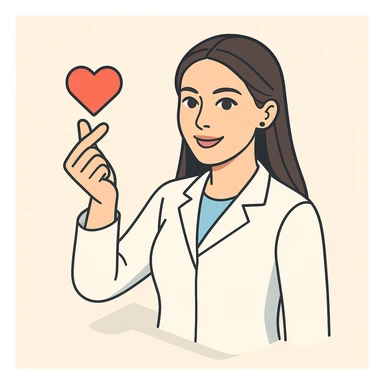 A 2D isometric style illustration of a female doctor with dark long straight hair and detailed brown eyes (not just dots), wearing a white coat. She is smiling and reaching into the frame with a heart gesture. Minimalist background. The appearance matches the reference image. sticker