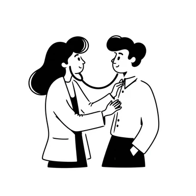 Female doctor in medical attire performing thorough examination of male patient's upper body, checking heart and lungs with stethoscope sticker