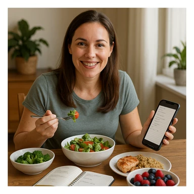 hyper realistic woman following a personalized diet based on her tastes and organizational commitments, healthy and satisfied appearance, positive atmosphere, realistic details, scene with varied food and visible agenda or smartphone sticker