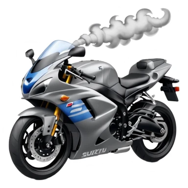 the word 'Sakqu' formed from wisps of smoke, floating above a realistic Suzuki GSXR 1000 motorcycle, emoji style sticker