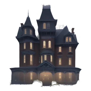 Fantastic Wide full view, A very roomy ramshackle Victorian Addams’s mansion looms through light fog at midnight  sticker