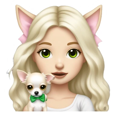 pale blonde girl with long platinum white wavy hair with bright green eyes and wearing a light pink hair bow holding a black and white long haired chihuahua puppy also wearing a hair bow sticker