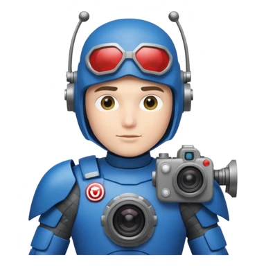 Un photographe high tech, une armure de terrain à la super héro. Il a des appareils photos, des caméras embarquées et un drone  sticker