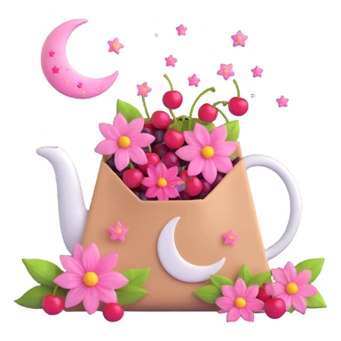 a tea bag with pink flowers, cherries, and a moon and stars, light blue background sticker