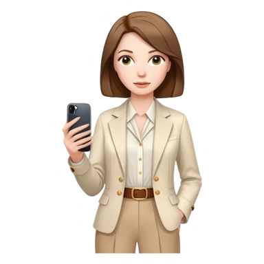 pale skin woman with brown Straightened bob Hair, White Spacious classical jacket, beige palazzo Arrow pants and brown blouse holding white IPhone 15 pro in the hands sticker