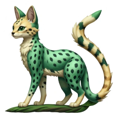 Epic complex detailed dark-emerald-green dark-brown beige pastel realistic aesthetic-scenic-Fakémon-Sprigatito-Floragato-Meowscarada-Trico-Sergal-Serval-Vernid-creature (full body) sticker