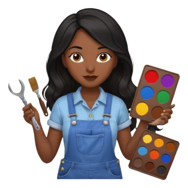 Créame emoji de una mujer que sea diseñadora industrial, pelo negra, piel morena, femenina con overol y una paleta de colores o herramientas de taller piel oscura chocolate cabello largo  sticker