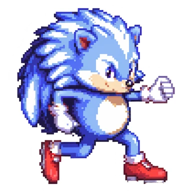 blue hedgehog with red shoes and white gloves, mid-run in a colorful Green Hill Zone with golden rings and motion lines, confident expression sticker