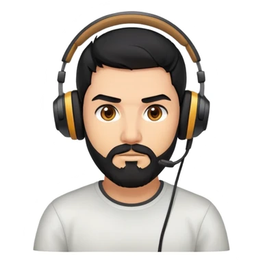 Serious gamer face with black hair, brown eyes, black beard, wearing gaming headset sticker