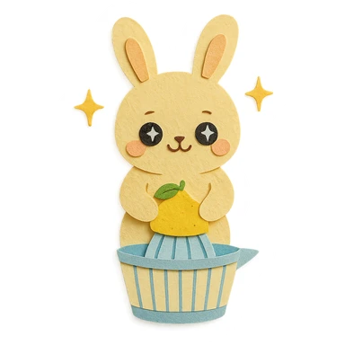 kawaii citrus juicer bunny squeezing a lemon, sparkling happy eyes, soft yellow, full-body sticker