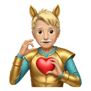 An elderly man with golden skin, his body shining like polished metal, wearing a horse cosplay costume with horse ears and a tail. He is making a heart shape with his hands and blushing slightly, showing a shy and embarrassed expression. sticker