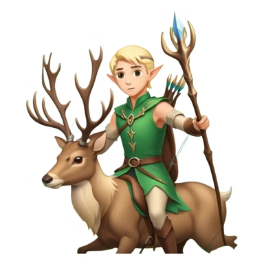 clash-of-clans-aesthetic-blond-male elf-archer-portrait-emoji, rendered in a flat, vector-style with minimal shading and bold, simplified shapes, head tilted slightly forward with a determined, focused expression, riding a majestic stag whose luminous antlers glow with mystical energy, set against an ancient, enchanted forest backdrop. sticker