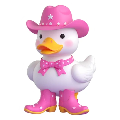 A white duck wearing a pink cowboy hat with a pink bow around its neck and pink cowboy boots with yellow stars sticker