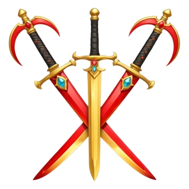 Two crossed swords that are golden in blade and handle and have fiery and royal appearence to them as well as red gem stones yellow in color sticker