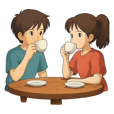 ghibli style boy and girl sitting at a table sipping coffee sticker
