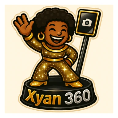 Edit the 360 booth image to clearly show the camera as an iPad. Keep the sparkling 1970s disco emoji and the 'Xyan 360' text on the booth. Maintain the bold gold, silver, black, and white color theme and the retro stickers style. sticker
