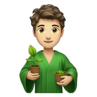 a European-looking student in a green robe with a sprout of green in his hands sticker