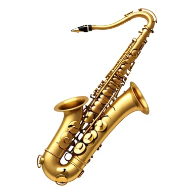 Create a sleek and sophisticated emoji representing the Selmer Super Action 80 Series II saxophone. The design should feature the smooth, golden brass body of the saxophone with its shiny keys and beautiful curves. Highlight the iconic bell of the saxophone and the fine details of the keywork, including the pads and springs. Include the mouthpiece at the top with a reed visible, capturing its essential role in sound production. Use rich gold and brass tones for the instrument with subtle light reflections to enhance its professional appearance. Add musical notes floating around the saxophone to evoke its smooth, jazzy sound. The background should be transparent. sticker