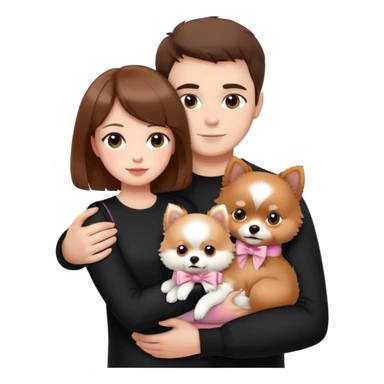 shorthair girl with black shirt  with husband brown hair brown eyes hugging white Pomeranian with light pink bow ponerania another pomerania red brown sticker