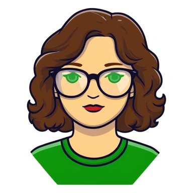 woman with pale skin, brown wavy hair, green eyes, gold glasses sticker