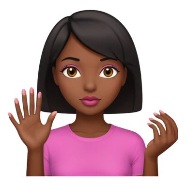 Dark skin girl asking for money with hand out make her more fabulous but still a clean look with a black bob and pink shirt  brown eye  with the kiss lips  sticker