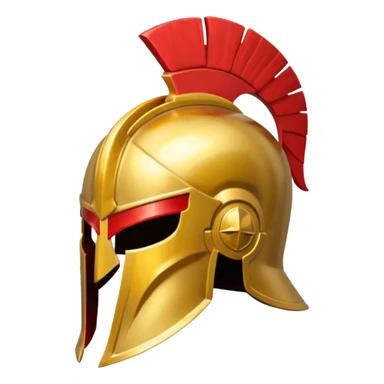 a golden Spartan helmet with a red crest sticker