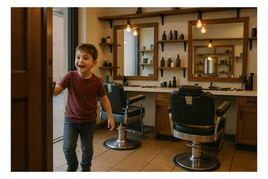 Sartaroshxonaga kirib kelayotgan bola sartaroshxona unchalik eski emas ammo yangi ham emsa sticker