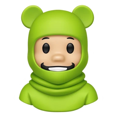 bearbrick toy wearing a lime green balaclava with relaxed but well-defined arched eyebrows visible above the mask sticker