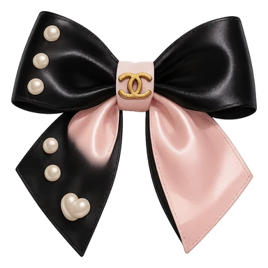Remove the background, keep only the elegant bow with pearls and gold Chanel logo, glossy, pastel colors, realistic style, with no background. black pink, heart sticker