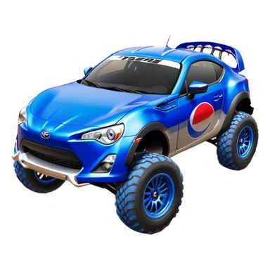 Dirty raced jacked 2013 scion fr-s ultramarine off road 4wd monster Baja dessert stadium racer number 86 with long travel suspension, shiny silver wheels, exaggerated black fender flares sponsored by Pepsi  sticker