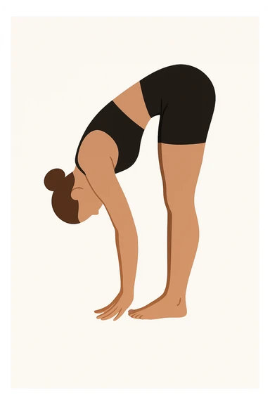 Minimalist flat vector illustration of a woman doing yoga in forward fold pose (Uttanasana), wearing sportswear (black top and black shorts), brown hair in a bun, clean white background, no face details, elegant style sticker