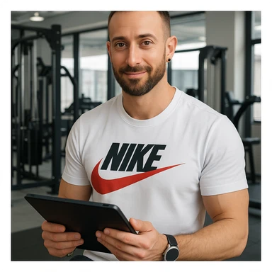 Create a realistic image of a personal trainer in a gym preparing personalized workout plans based on the client's needs, inspired by the person in the reference photo. Show the trainer holding a tablet or notebook in a professional and welcoming gym environment. sticker