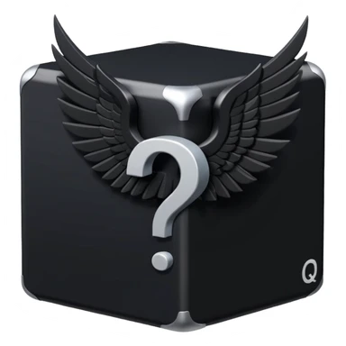 Black cube with black wings and has a white question mark sticker