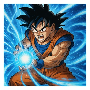 Son Goku, performing Kamehameha energy attack, intense expression, glowing blue energy, anime style sticker