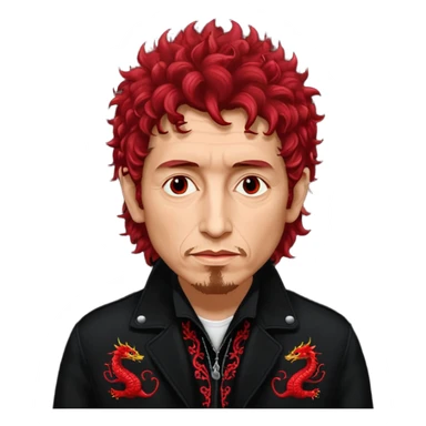 Cinematic realistic Bob Dylan, unshaven and long-haired portrait, in a black jacket embroidered with red dragons, his curly hair red from the spotlights. sticker