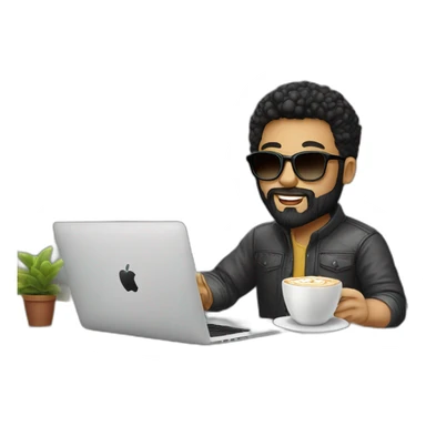Designer with black hair, beard and round sunglasses working with MacBook and drinking cappuccino  sticker