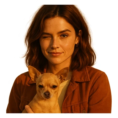 portrait centered of a woman inspired by Zoe Deutch's face, tanned complexion, subtle freckles, playful and determined expression, medium-length brown hair with auburn highlights, wearing a shirt color #FFF8CA and a rust-colored jacket, holding a beige-brown chihuahua, golden hour lighting effect, transparent background, Netflix series style sticker