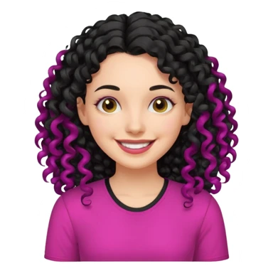 mujer blanca con cabello largo rizado negro sonriendo y con camisa fucsia sticker